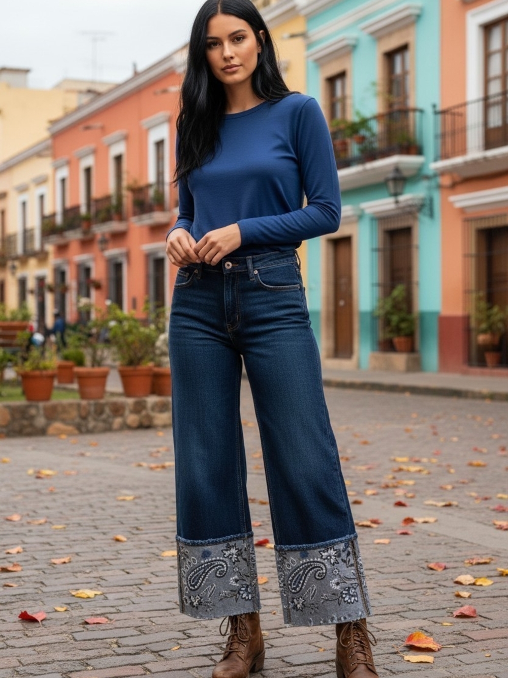 Driftwood Jeans  Wideleg Floral Embroidery Cuffed Hem